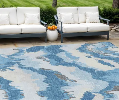 10' X 14' Sky Blue And Denim Blue Abstract Washable Indoor Outdoor Area Rug