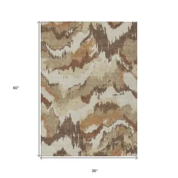 3' X 5' Brown And Beige Abstract Washable Indoor Outdoor Area Rug