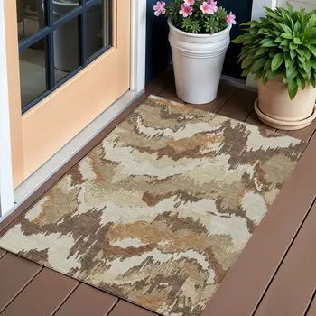 3' X 5' Brown And Beige Abstract Washable Indoor Outdoor Area Rug