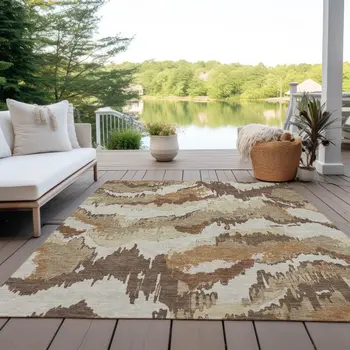 3' X 5' Brown And Beige Abstract Washable Indoor Outdoor Area Rug