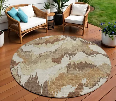 8' Brown And Beige Round Abstract Washable Indoor Outdoor Area Rug