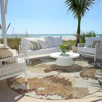 8' Brown And Beige Round Abstract Washable Indoor Outdoor Area Rug