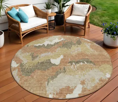 8' Copper Ivory And Brown Round Abstract Washable Indoor Outdoor Area Rug