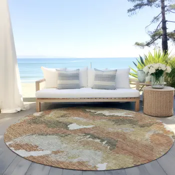 8' Copper Ivory And Brown Round Abstract Washable Indoor Outdoor Area Rug