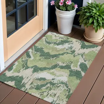3' X 5' Green Ivory And Beige Abstract Washable Indoor Outdoor Area Rug