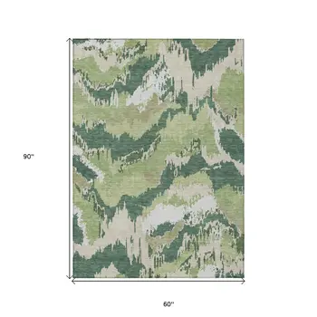 5' X 8' Green Ivory And Beige Abstract Washable Indoor Outdoor Area Rug
