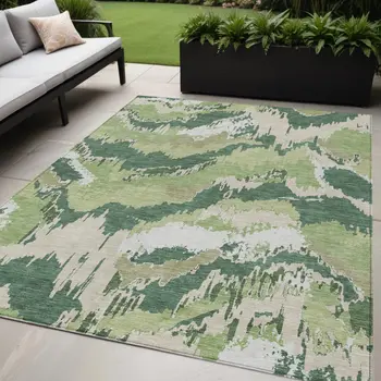 5' X 8' Green Ivory And Beige Abstract Washable Indoor Outdoor Area Rug
