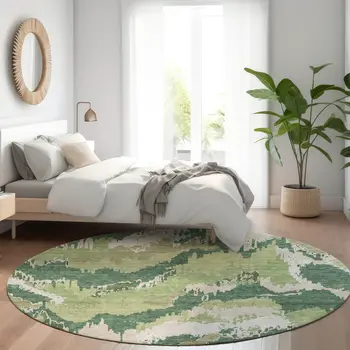 8' Green Ivory And Beige Round Abstract Washable Indoor Outdoor Area Rug