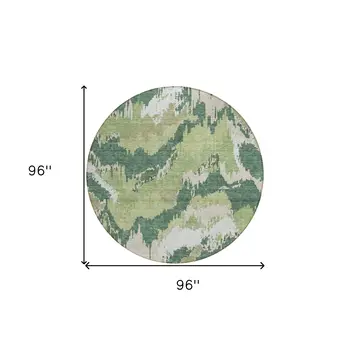 8' Green Ivory And Beige Round Abstract Washable Indoor Outdoor Area Rug
