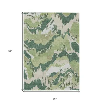 8' X 10' Green Ivory And Beige Abstract Washable Indoor Outdoor Area Rug
