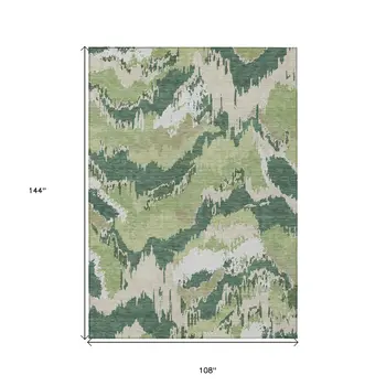 9' X 12' Green Ivory And Beige Abstract Washable Indoor Outdoor Area Rug