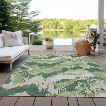 10' X 14' Green Ivory And Beige Abstract Washable Indoor Outdoor Area Rug