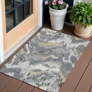 3' X 5' Gray Silver And Charcoal Abstract Washable Indoor Outdoor Area Rug