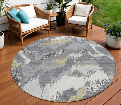 8' Gray Silver And Charcoal Round Abstract Washable Indoor Outdoor Area Rug