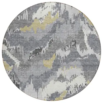 8' Gray Silver And Charcoal Round Abstract Washable Indoor Outdoor Area Rug