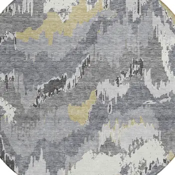 8' Gray Silver And Charcoal Round Abstract Washable Indoor Outdoor Area Rug