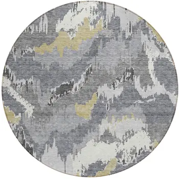 8' Gray Silver And Charcoal Round Abstract Washable Indoor Outdoor Area Rug