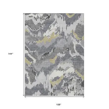 9' X 12' Gray Silver And Charcoal Abstract Washable Indoor Outdoor Area Rug