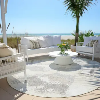 8' Ivory Beige And Cream Round Abstract Washable Indoor Outdoor Area Rug