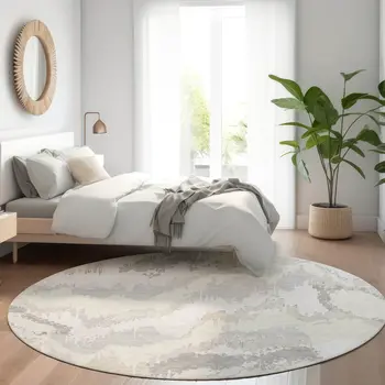 8' Ivory Beige And Cream Round Abstract Washable Indoor Outdoor Area Rug