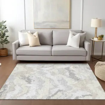 8' X 10' Ivory Beige And Cream Abstract Washable Indoor Outdoor Area Rug