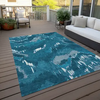 5' X 8' Navy Blue And Teal Blue Abstract Washable Indoor Outdoor Area Rug