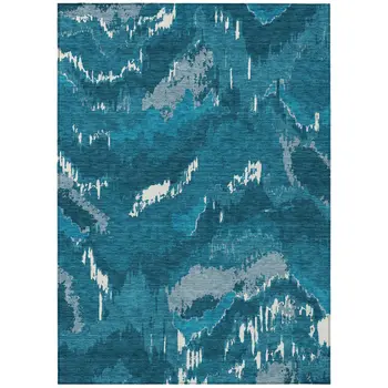5' X 8' Navy Blue And Teal Blue Abstract Washable Indoor Outdoor Area Rug