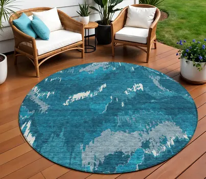 8' Navy Blue And Teal Blue Round Abstract Washable Indoor Outdoor Area Rug