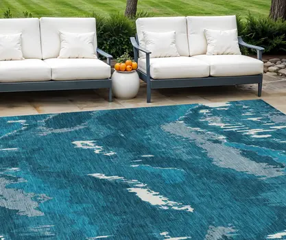 8' X 10' Navy Blue And Teal Blue Abstract Washable Indoor Outdoor Area Rug