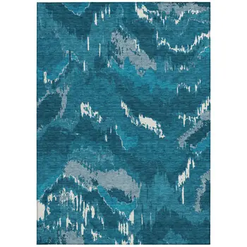 8' X 10' Navy Blue And Teal Blue Abstract Washable Indoor Outdoor Area Rug