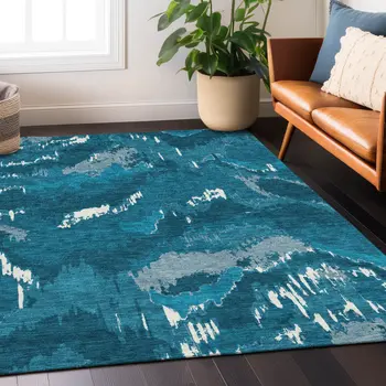 8' X 10' Navy Blue And Teal Blue Abstract Washable Indoor Outdoor Area Rug