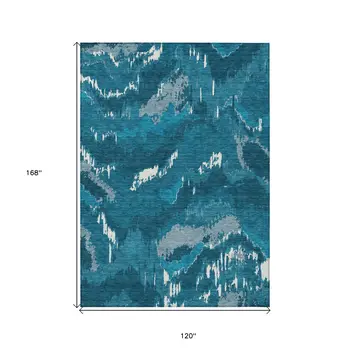 10' X 14' Navy Blue And Teal Blue Abstract Washable Indoor Outdoor Area Rug