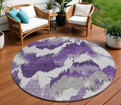 8' Purple Lavender And Gray Round Abstract Washable Indoor Outdoor Area Rug