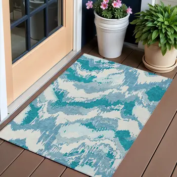 3' X 5' Teal Blue Sky Blue And Aqua Abstract Washable Indoor Outdoor Area Rug