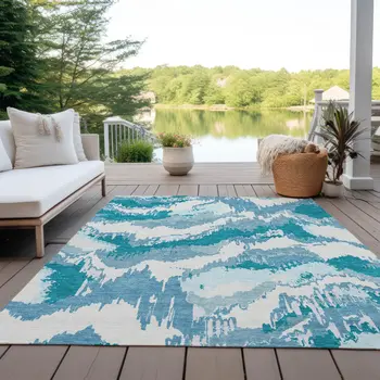3' X 5' Teal Blue Sky Blue And Aqua Abstract Washable Indoor Outdoor Area Rug