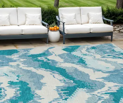 9' X 12' Teal Blue Sky Blue And Aqua Abstract Washable Indoor Outdoor Area Rug