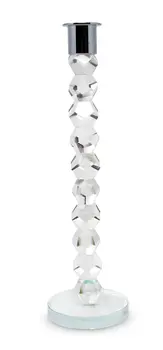 11" Clear And Silver Geo Stacks Crystal Tabletop Taper Candlestick