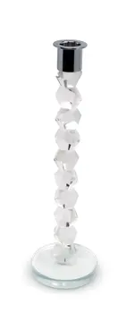 11" Clear And Silver Geo Stacks Crystal Tabletop Taper Candlestick