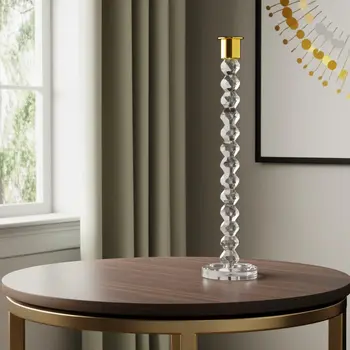 14" Clear And Gold Geo Stacks Crystal Tabletop Taper Candlestick