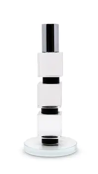 7" Silver Clear And Black Block And Cylinder Crystal Tabletop Taper Candlestick