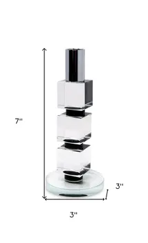 7" Silver Clear And Black Block And Cylinder Crystal Tabletop Taper Candlestick