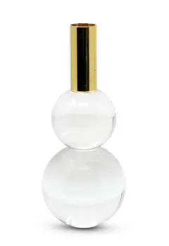 Set of Two Clear And Gold Geo Orbs Crystal Tabletop Taper Candlesticks