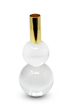 Set of Two Clear And Gold Geo Orbs Crystal Tabletop Taper Candlesticks