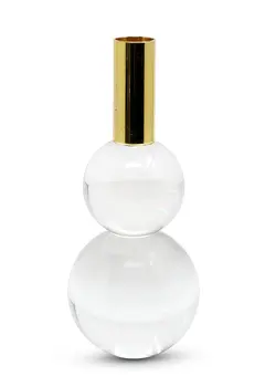 Set of Two Clear And Gold Geo Orbs Crystal Tabletop Taper Candlesticks