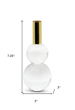 Set of Two Clear And Gold Geo Orbs Crystal Tabletop Taper Candlesticks