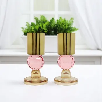 Set of Two Amber Gold And Pink Faceted Crystal Tabletop Taper Candlesticks