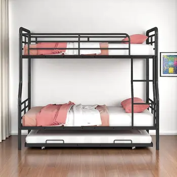 Black Full XL Over Queen Contemporary Metal Bunk Bed With Trundle