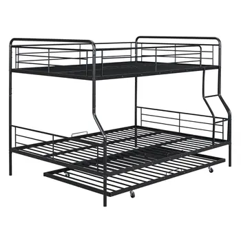 Black Full XL Over Queen Contemporary Metal Bunk Bed With Trundle