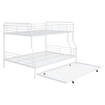 White Full XL Over Queen Contemporary Metal Bunk Bed With Trundle