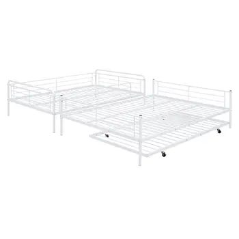 White Full XL Over Queen Contemporary Metal Bunk Bed With Trundle